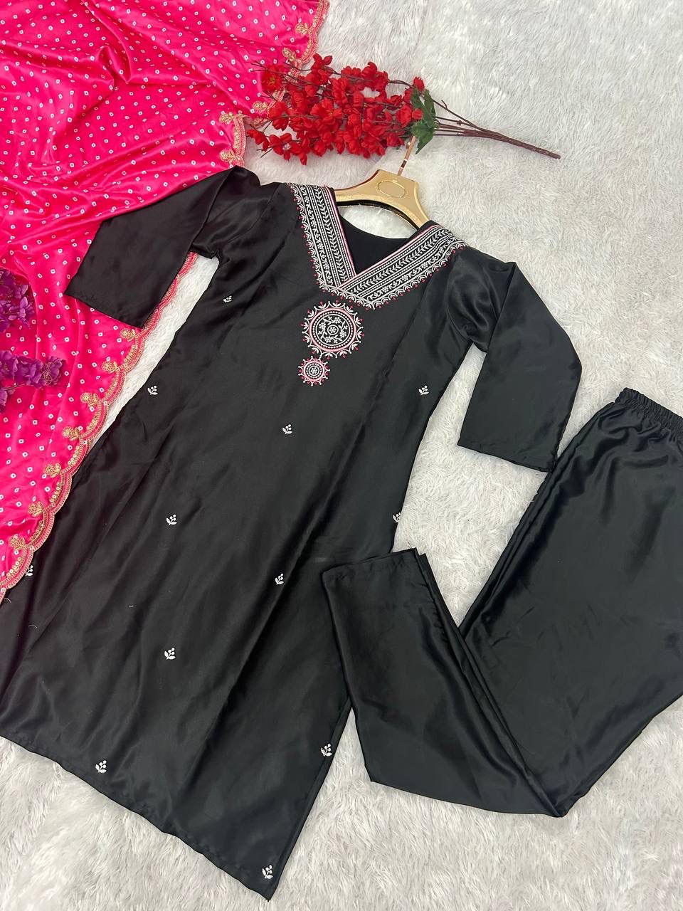 DC G66 Satin Silk Embroidery Kurti With Bottom Dupatta Wholesalers In Surat
